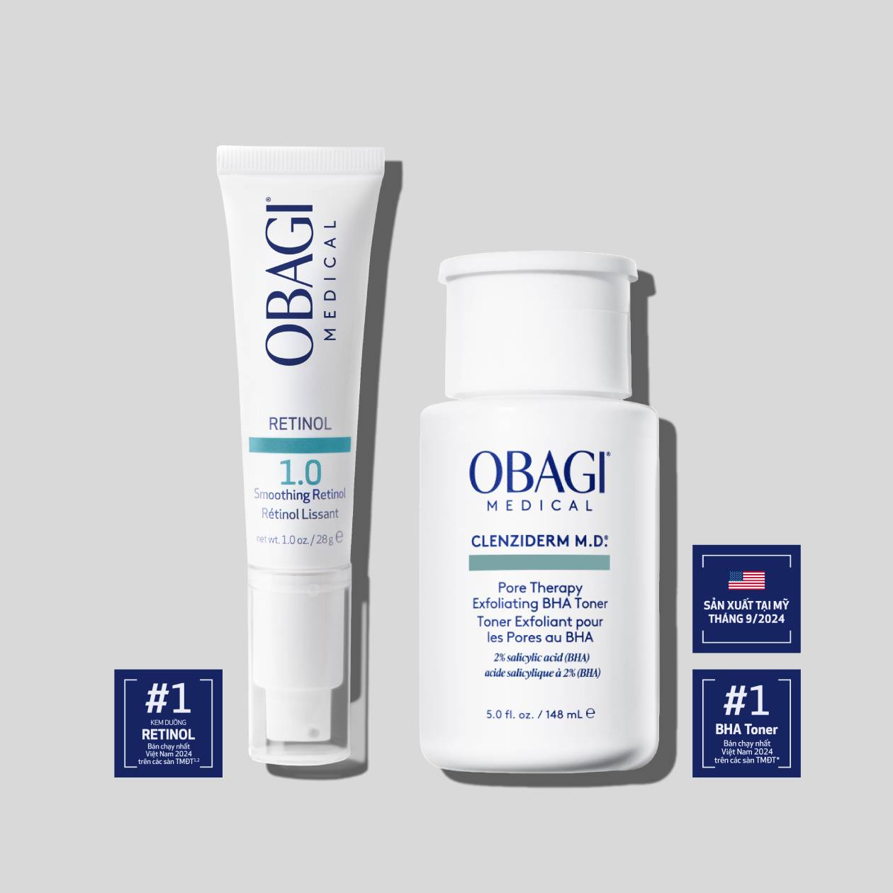 Obagi Retinol 1.0 & Obagi Clenziderm M.D. Exfoliating BHA Toner - Bộ Đôi Căng Mịn & Sạch Mụn